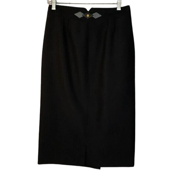 Vintage French Wool Pencil Skirt Black High Waist Leather Detail Sz S - Picture 1 of 10